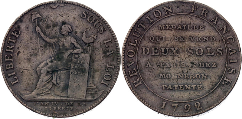 France Brothers Monneron 2 Sols 1792
KM# Tn25, N# 16282; Copper; The "Monneron ...