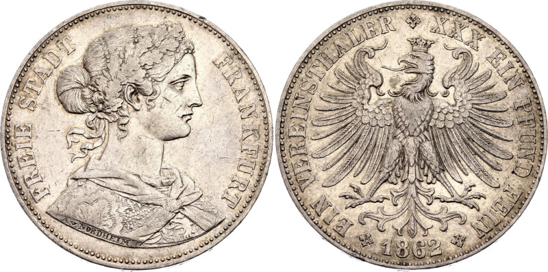 German States Frankfurt 1 Vereinsthaler 1862
KM# 370, N# 21309; Silver 18.46 g....