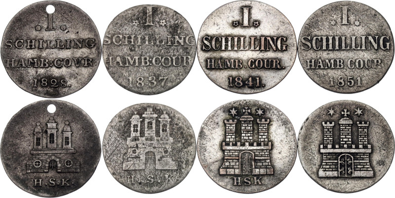 German States Hamburg 4 x 1 Schilling 1828 - 1851
KM# 546, 547, 558, 574; Billo...