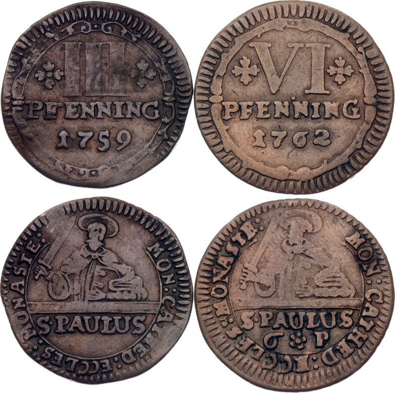 German States Munster 3 - 6 Pfennig 1759 - 1762
KM# 430, 440; Copper; Cathedral...