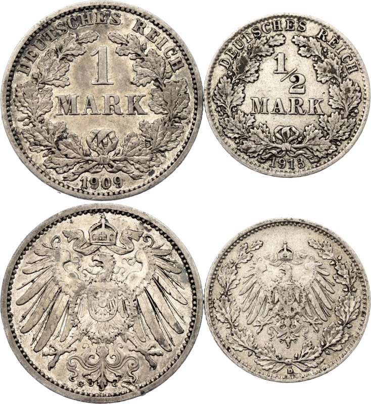 Germany - Empire 1/2 - 1 Mark 1909 - 1913 D & G
KM# 14, 17; Silver., Total weig...