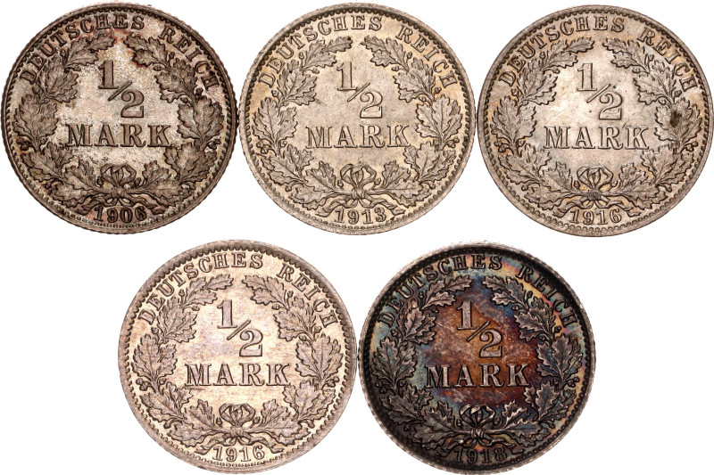 Germany - Empire 5 x 1/2 Mark 1906 - 1918
KM# 17, AKS# 6, J# 16, N# 2340; Silve...