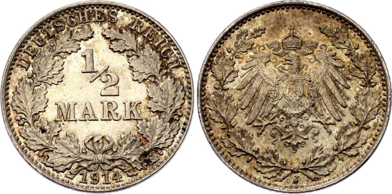 Germany - Empire 1/2 Mark 1914 J
KM# 17, AKS# 6, N# 2340; Silver 2.77 g.; Wilhe...