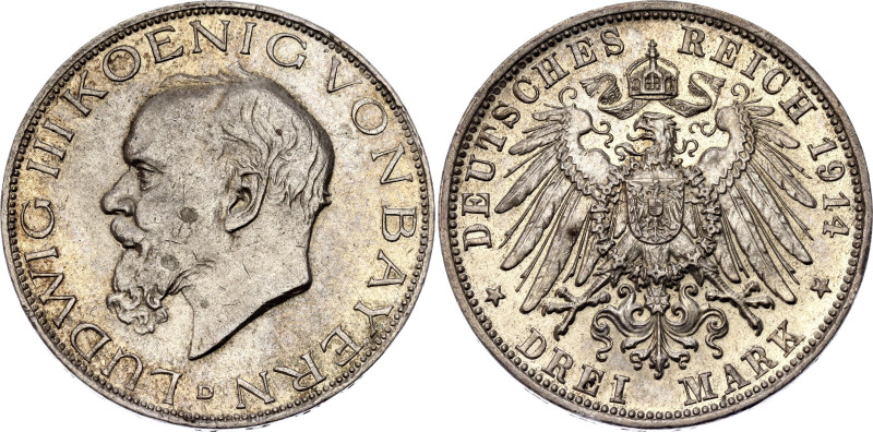 Germany - Empire Bavaria 3 Mark 1914 D
KM# 1005, J# 52, N# 30705; Silver 16.66 ...