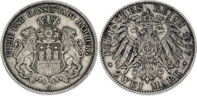 Germany - Empire Hamburg 2 Mark 1907 J
KM# 612, AKS# 48, J# 63, N# 18676; Silve...