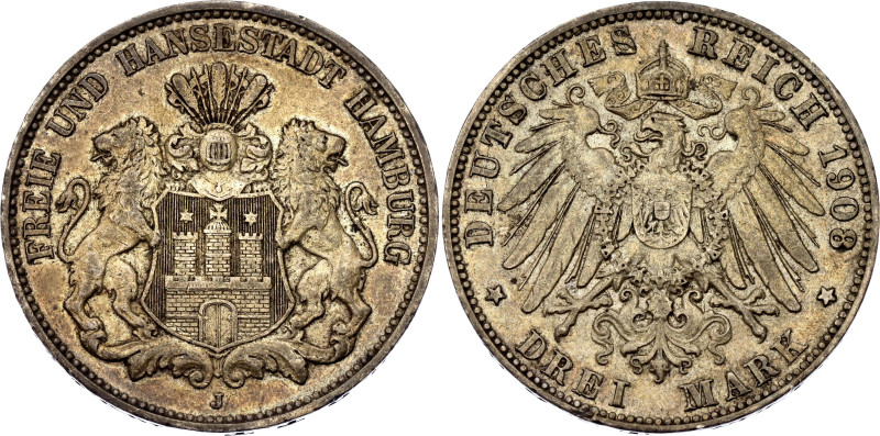 Germany - Empire Hamburg 3 Mark 1908 J
KM# 620, AKS# 46, N# 7642; Silver 16.59 ...