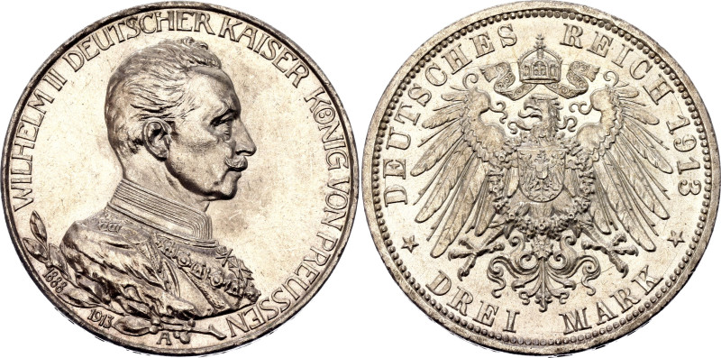 Germany - Empire Prussia 3 Mark 1913 A
KM# 535, J. 112, N# 19478; Silver 16.68 ...