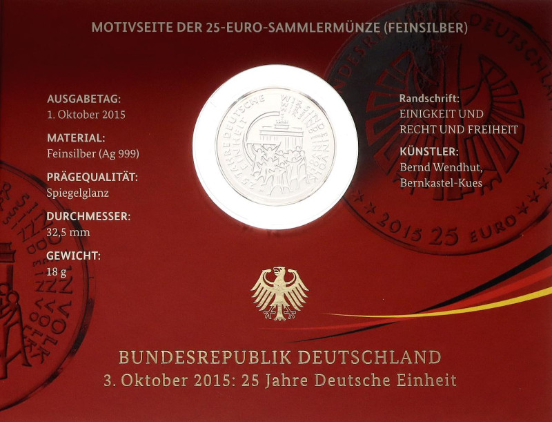 Germany - FRG 25 Euro 2015 D
KM# 345, N# 77124; Silver 18.00 g., Proof; 25 Year...