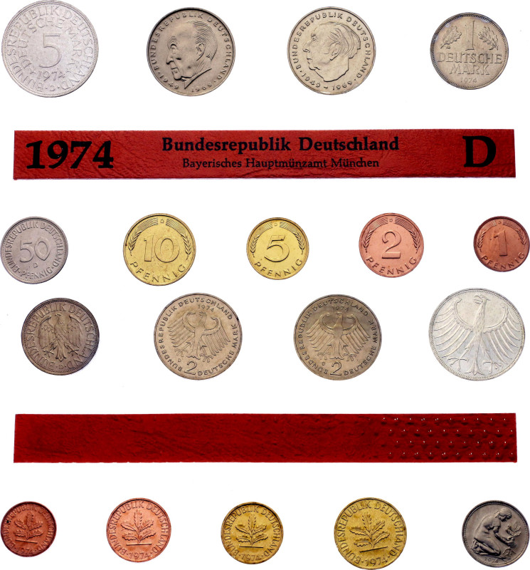 Germany - FRG Mint Set of 9 Coins 1974 D
KM# MS1; With Silver; KM# 105, 106a, 1...