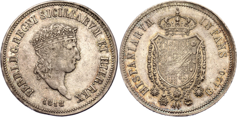 Italian States Naples 120 Grana 1818
KM# 285, N# 21561; Silver 27.50 g.; Ferdin...