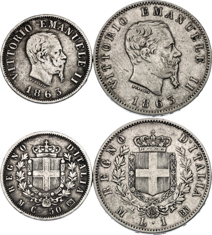 Italy 50 Centesimi - 1 Lire 1863 M BN
KM# 4a.1, 5a.1; Silver., Total weight: 7....