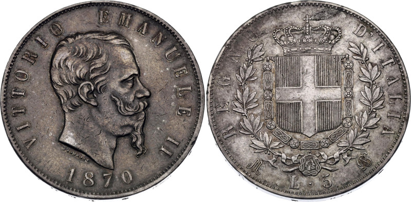 Italy 5 Lire 1870 M BN
KM# 8.3, N# 2290; Silver 24.89 g.; Victor Emmanuel II; M...