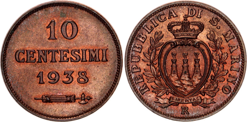 San Marino 10 Centesimi 1938 R
KM# 13, N# 11822; Bronze; Rome Mint.; UNC with f...