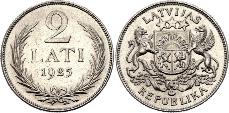 Latvia 2 Lati 1925
KM# 8, Schön# 8, N# 6594; Silver 9.95 g.; AUNC- with minor h...