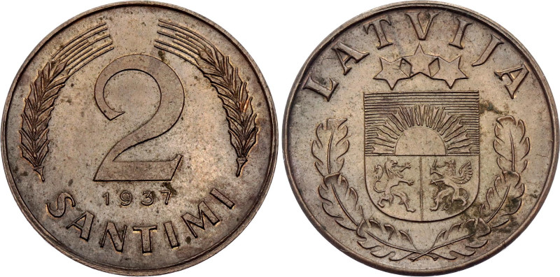 Latvia 2 Santimi 1937
KM# 11.1, Schön# 11, N# 4918; Bronze; Mintage: 44600 pcs;...