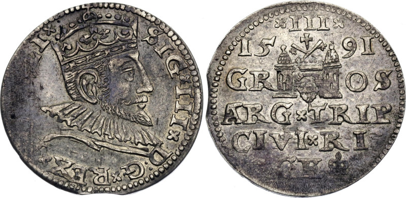 Polish - Lithuanian Commonwealth 3 Groschen / Trojak 1591
Kop# 8184, Haljak II#...