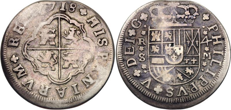 Spain 4 Reales 1718 SM
KM# 309, N# 104873; Silver 10.42 g.; Felipe V; Seville; ...