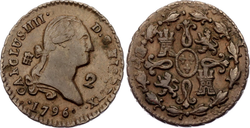 Spain 2 Maravedis 1796
KM# 426, N# 10804; Copper; Carlos IV; Segovia Mint; XF+