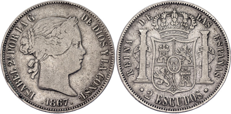 Spain 2 Escudos 1867
KM# 629, Cal# 204, N# 14837; Silver 25.58 g.; Isabel II; M...