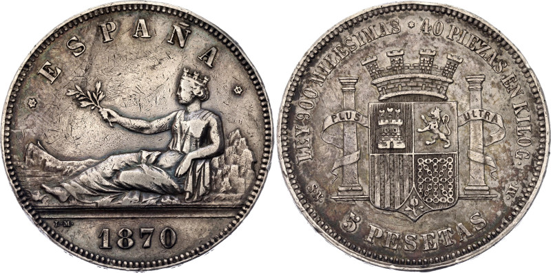 Spain 5 Pesetas 1870 (*1870) SN M
KM# 655, Cal# 3, N# 6722; Silver 24.77 g.; Pr...