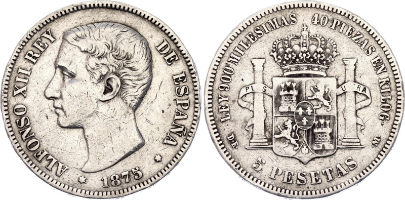 Spain 5 Pesetas 1875 (*XX*) DE M
KM# 671, N# 3736; Silver; Alfonso XII; XF