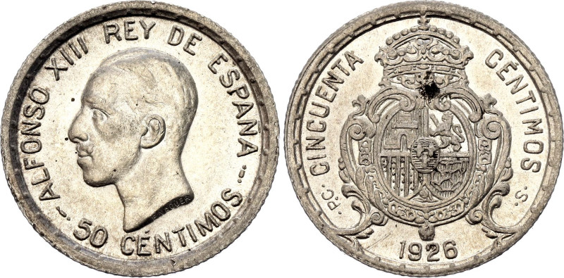 Spain 50 Centimos 1926 PC S
KM# 741, N# 7981; Silver; Alfonso XIII; AUNC/UNC wi...