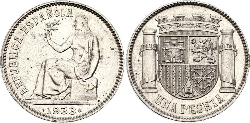 Spain 1 Peseta 1933 (*34)
KM# 750, Cal# 1, N# 11169; Silver 5.00 g.; Madrid Min...