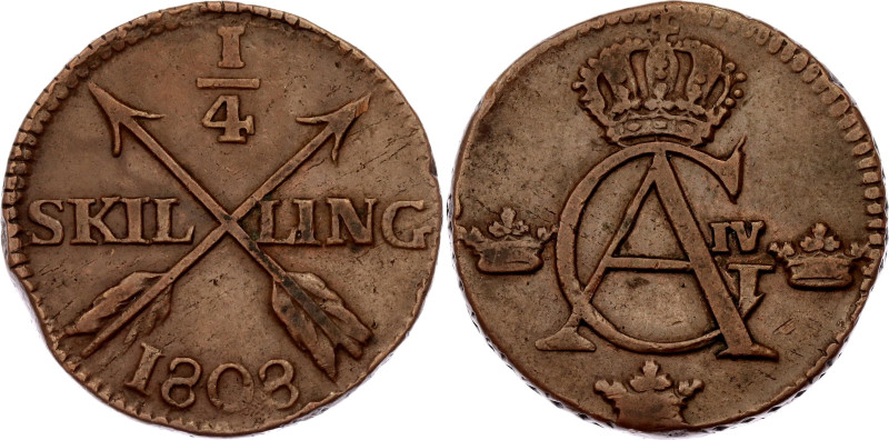 Sweden 1/4 Skilling 1808
KM# 564, N# 8786; Copper; Gustav IV Adolf; Avesta Mint...