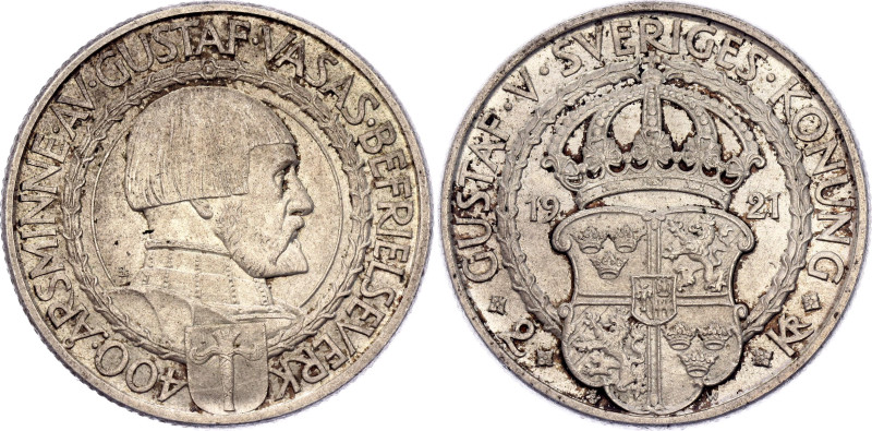 Sweden 2 Kronor 1921 W
KM# 799, N# 7402; Silver 14.99 g.; Gustaf V; 400th Anniv...