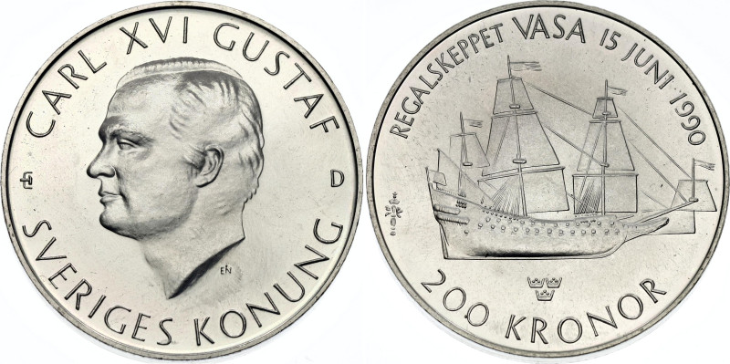 Sweden 200 Kronor 1990 E
KM# 875, N# 44163; Silver 27.11 g.; Carl XVI Gustaf; O...