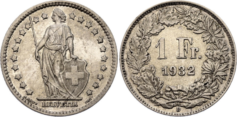 Switzerland 1 Franc 1932 B Key Date
KM# 24, N# 184; Silver 5.00 g.; Bern Mint; ...