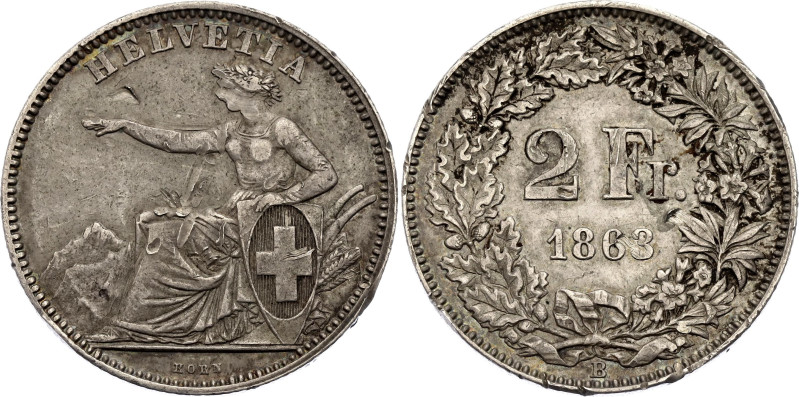 Switzerland 2 Francs 1863 Key Date
KM# 10a, N# 19981; Silver 9.91 g.; Bern Mint...