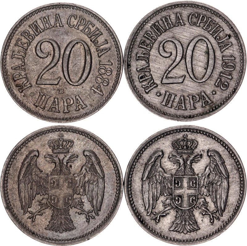 Serbia 2 x 20 Para 1884 - 1912
KM# 20, Schön# 4, N# 3711; Copper-nickel; Milan ...