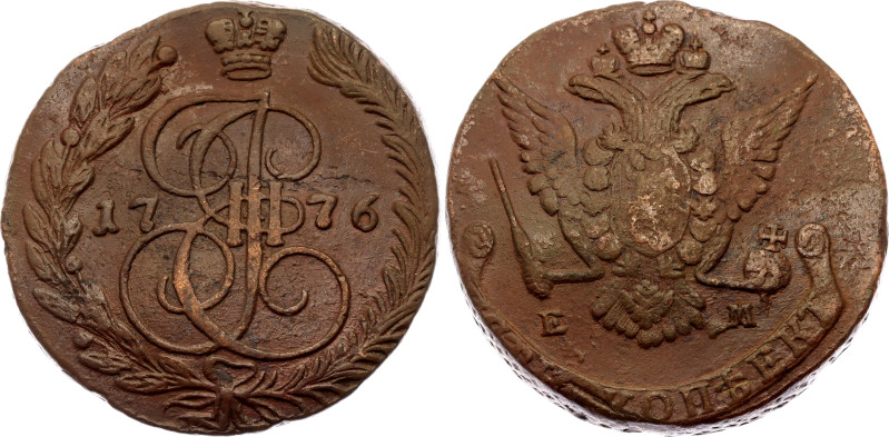 Russia 5 Kopeks 1776 ЕМ
Bit# 625; Copper 51.08 g.; XF