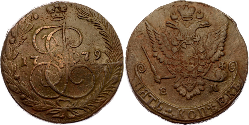 Russia 5 Kopeks 1779 ЕМ R
Bit# 629 (R); Copper 42.01 g.; VF