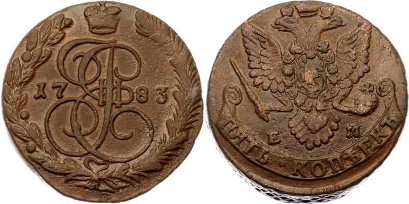 Russia 5 Kopeks 1783 ЕМ
Bit# 634; Copper 53.21 g.; VF