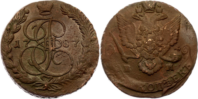 Russia 5 Kopeks 1787 ЕМ
Bit# 638; Copper 44.84 g.; VF