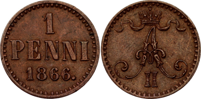 Russia - Finland 1 Penni 1866
Bit# 666; Copper 1.28 g.; XF+