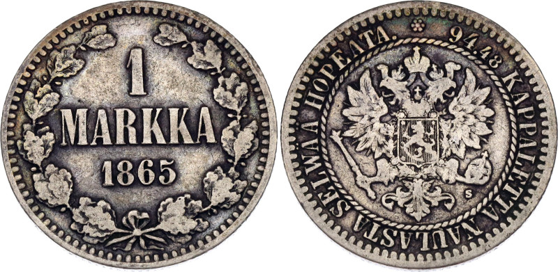 Russia - Finland 1 Markka 1865 S
Bit# 625, KM# 3.1; Silver 5.13 g.; VF+/XF-