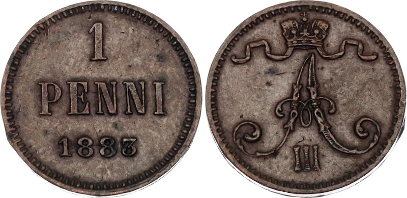 Russia - Finland 1 Penni 1883
Bit# 251, KM# 10, N# 21952; Copper 1.28 g.; XF+/A...