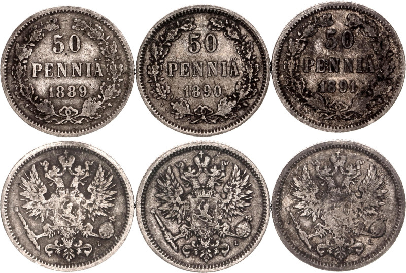 Russia - Finland 3 x 50 Pennia 1889 - 1891 L
Bit# 233 - 235, N# 7825; Silver., ...