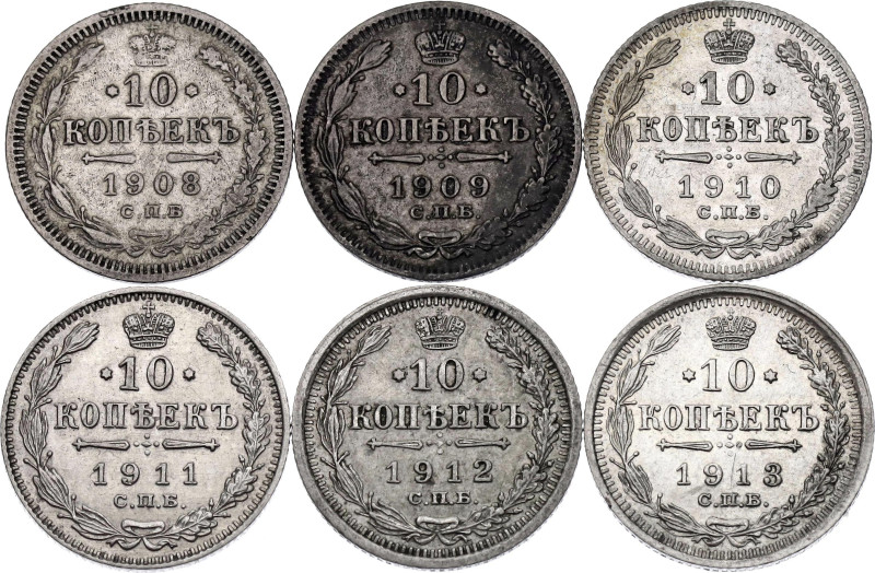 Russia 6 x 10 Kopeks 1908 - 1913
Bit# 160 - 164, 166; Silver., Total weight: 10...