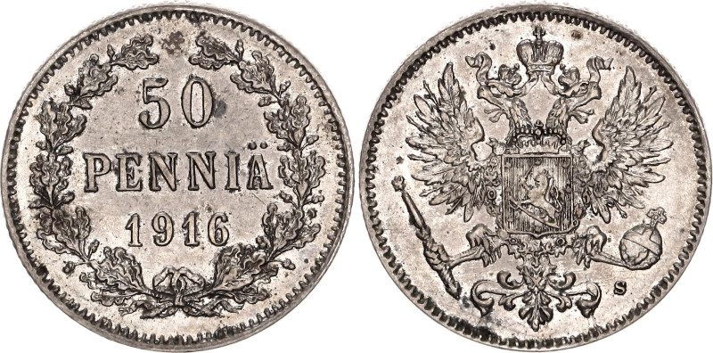 Russia - Finland 50 Pennia 1916 S
Bit# 407; Silver 2.54 g.; UNC-