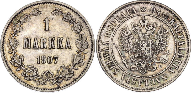 Russia - Finland 1 Markka 1907 L
Bit# 399, KM# 3.2; Silver 5.16 g.; Mintage: 35...