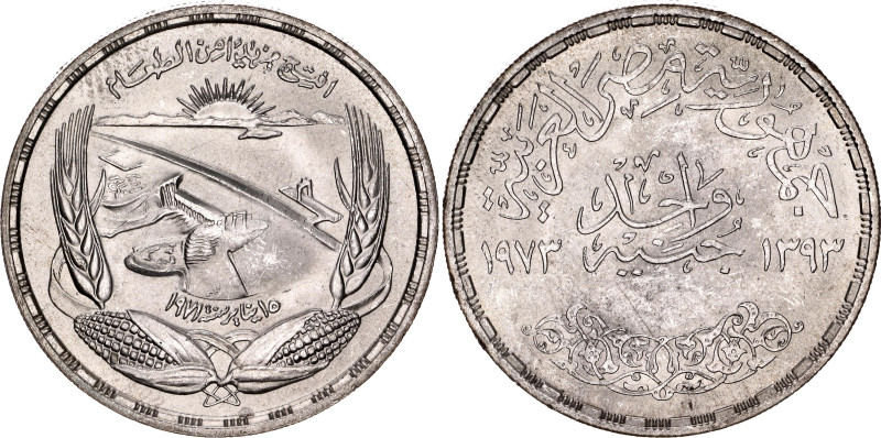 Egypt 1 Pound 1973 AH 1393
KM# 439, Schön# 142, N# 24339; Silver 25.14 g.; F.A....