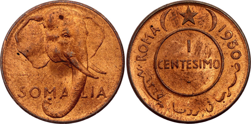 Italian Somaliland 1 Centesimo 1950 AH 1369
KM# 1, Schön# 1, N# 9197; Brass; Ro...