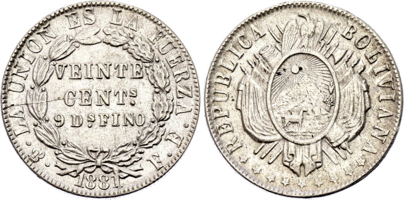 Bolivia 20 Centavos 1881 PTS FE
KM# 159.1, N# 4317; Silver 4.65 g.; Potosi Mint...