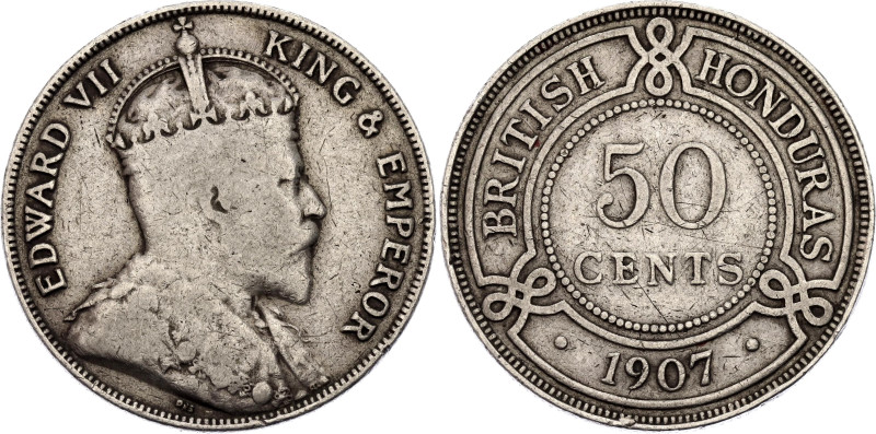 British Honduras 50 Cents 1907 Rare
KM# 13, N# 20550; Silver 11.35 g.; Edward V...