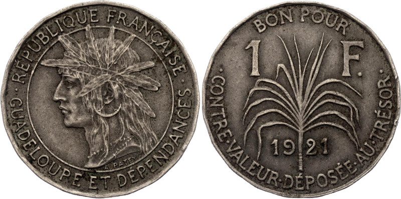 Guadeloupe 1 Franc 1921
KM# 46, Lec# 57, N# 4544; Copper-nickel; Paris Mint; AU...