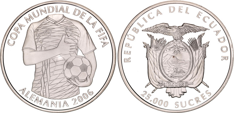 Ecuador 25000 Sucres 2006
KM# 114, N# 75867; Silver 27.00 g., Proof; 2006 FIFA ...